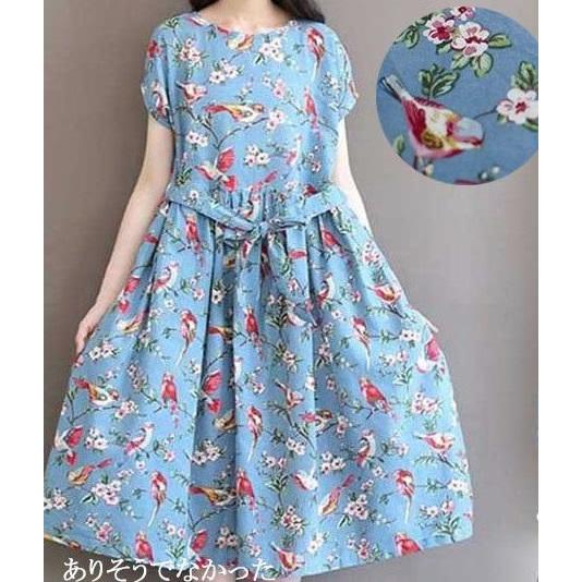 新品 no brand ノーブランド フラワー＆バード プリントワンピース XL ブルー 半袖 フレア シャツ 膝丈 ドレス トップス h133 |  | 05