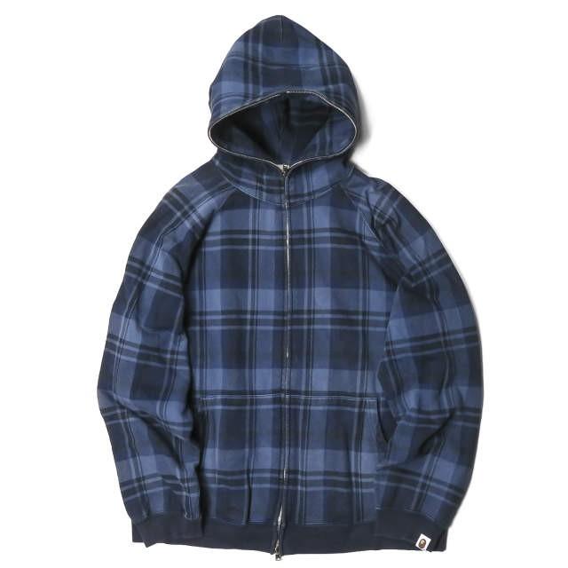 ア ベイシング エイプ A BATHING APE 日本製 チェック スウェットフルジップパーカー L ネイビー ラブジェネ ラグラン BAPE トップス | 