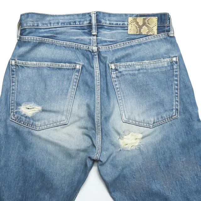 ビズビム visvim 日本製 FLUXUS serge de Nimes(DENIM) パイソンパッチ ダメージ加工セルビッチデニムパンツ 34  インディゴ ボトムス