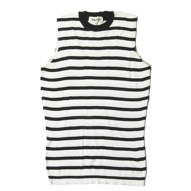 エンフォルド ENFOLD コットンクルーネックボーダーノースリーブニット 3007S170-1500 38 ブラック セーター ハイゲージ トップス | 