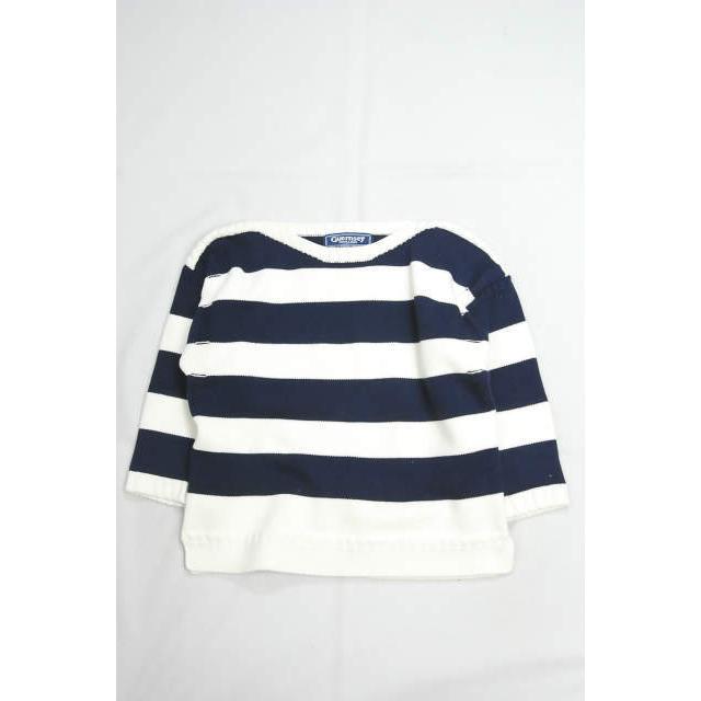 ガンジーウーレンズ GUERNSEY WOOLLENS イギリス製 ワイドボーダー コットンボートネックニット 36 ホワイト/ネイビー セーター トップス | 