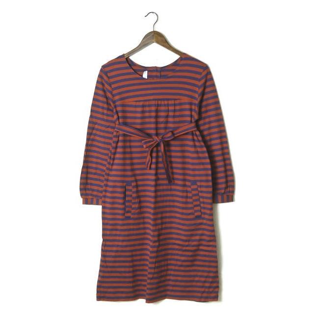 marimekko マリメッコ フィンランド製 Uネックボーダーワンピース XS オレンジ 長袖 ギャザー トップス | 