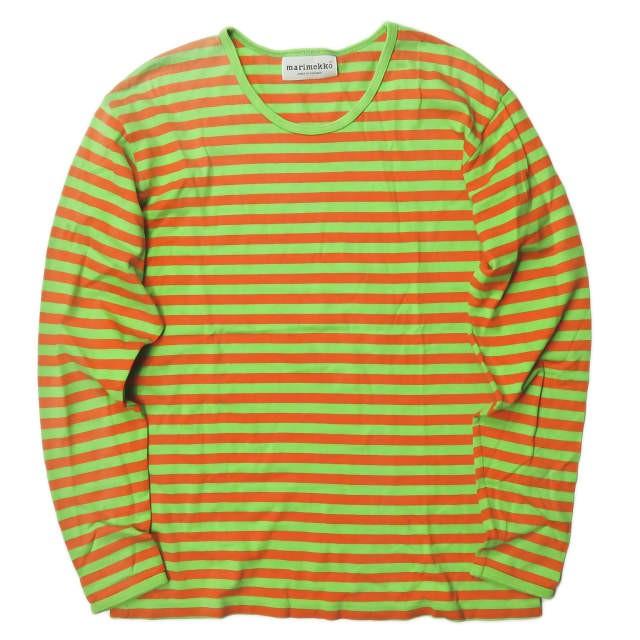 マリメッコ marimekko フィンランド製 ボーダーロングスリーブTシャツ M グリーン/オレンジ 長袖 トップス | 