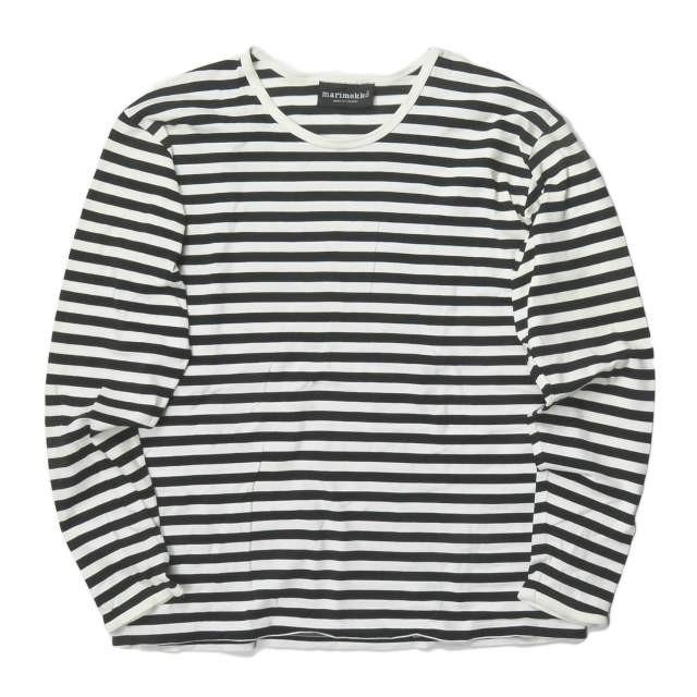 マリメッコ marimekko フィンランド製 ボーダーロングスリーブTシャツ M ホワイト/ブラック 長袖 コットン クルーネック トップス | 