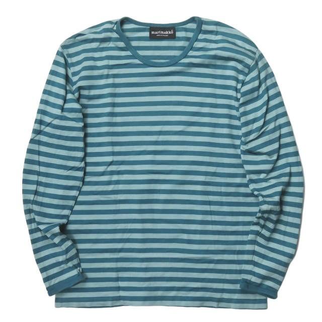 マリメッコ marimekko フィンランド製 ボーダーロングスリーブTシャツ M ブルー 長袖 コットン クルーネック トップス | 