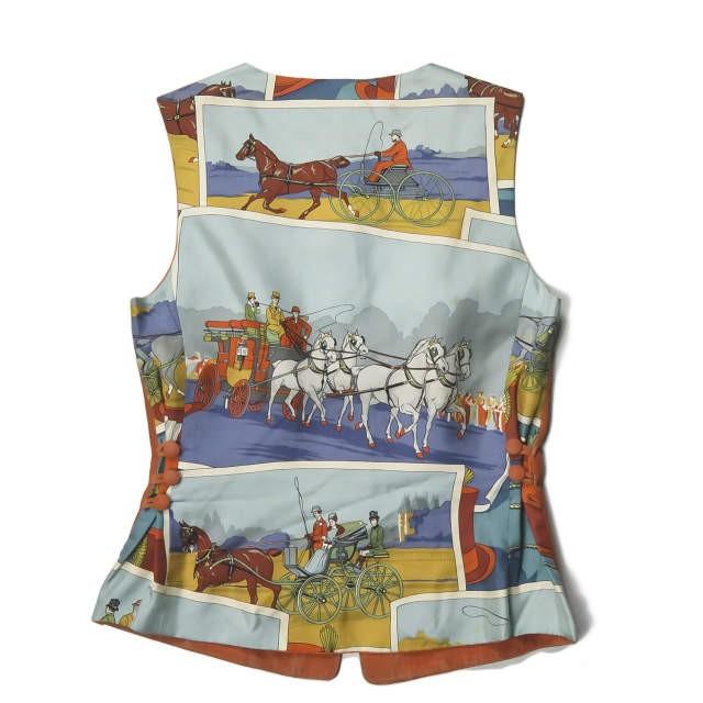 エルメス HERMES フランス製 馬車柄プリント スエードシルクベスト 36 オレンジ ジレ トップス |  | 01