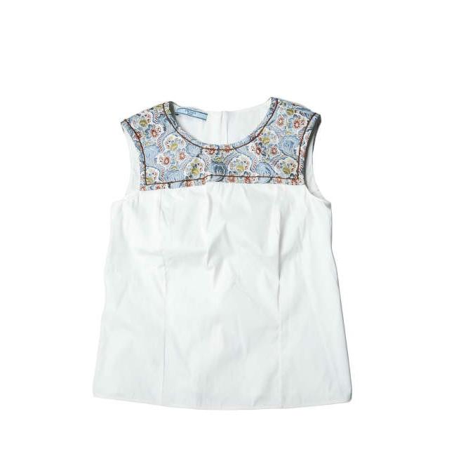 プラダ PRADA イタリア製 シルクジャガードコットンノースリーブブラウス P986AR S151 36 ホワイト ストレッチ シャツ トップス | 