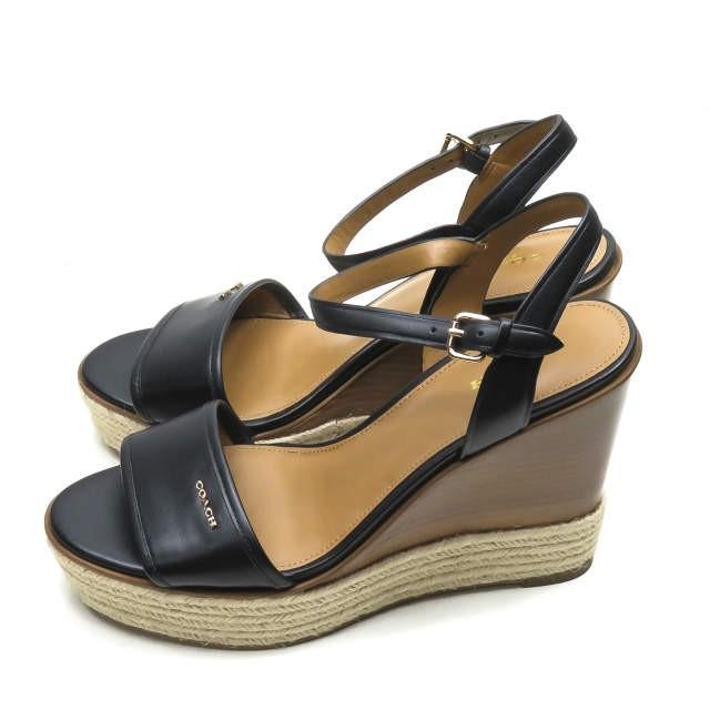 COACH コーチ ELDA エルダ ウエッジソールレザーストラップサンダル Q7124 38(24.5-25cm) ブラック エスパドリーユ ロゴ |  | 01
