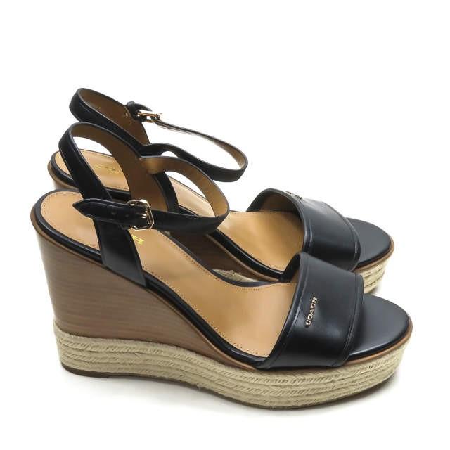 COACH コーチ ELDA エルダ ウエッジソールレザーストラップサンダル Q7124 38(24.5-25cm) ブラック エスパドリーユ ロゴ |  | 02