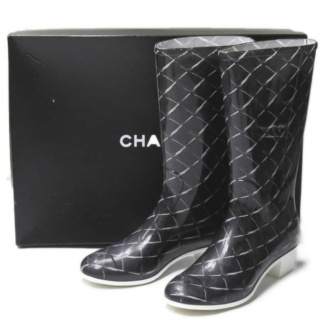 シャネル CHANEL イタリア製 マトラッセ柄 レインブーツ C0229 38(24.5cm程度) ブラック ラバー シューズ | 