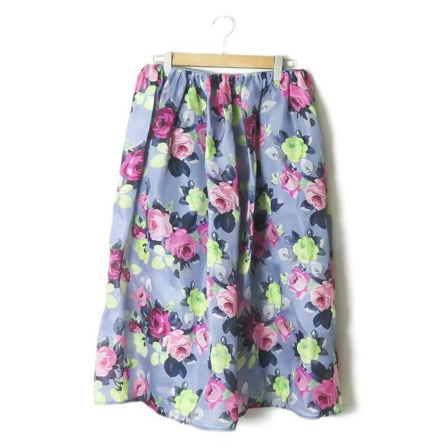 カルヴェン CARVEN ハンガリー製 シルクフラワーギャザープリーツスカート 425J70 40 パープル/ピンク ハイウエスト メッシュ プリント ボトムス | 