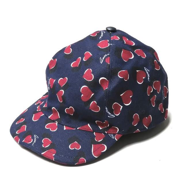 グッチ GUCCI イタリア製 ハート柄 ベースボールキャップ 342535 KL82G L ネイビー コットン/リネン アジャスター 帽子 | 