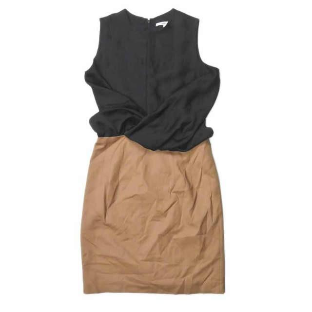 カルヴェン CARVEN バイカラーカシュクールワンピース 160R89 40 ブラック/キャメル ウール ノースリーブ トップス | 
