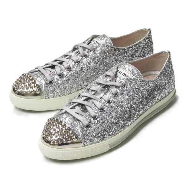 ミュウミュウ Miu Miu イタリア製 スタッズグリッタースニーカー 39 5 26 5cm シルバー レースアップ スニーカー シューズ Lm1996 Loopヤフーショッピング店 通販 Yahoo ショッピング