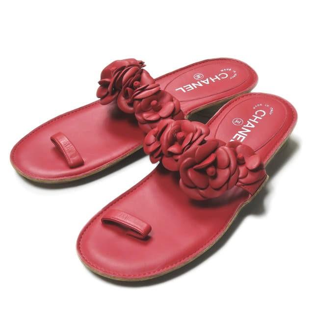 シャネル CHANEL イタリア製 フラワーストラップレザーサンダル 40 レッド ヒール シューズ | 