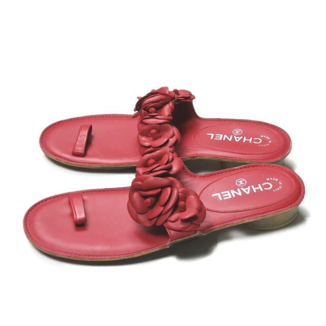 シャネル CHANEL イタリア製 フラワーストラップレザーサンダル 40 レッド ヒール シューズ |  | 01