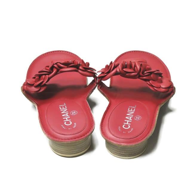 シャネル CHANEL イタリア製 フラワーストラップレザーサンダル 40 レッド ヒール シューズ |  | 02