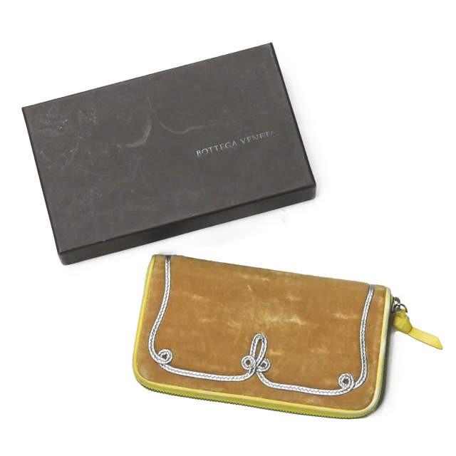 ボッテガヴェネタ BOTTEGA VENETA イタリア製 ベロアレザーコンビ ラウンドジップロングウォレット 114076 V6381 9871 イエロー/ブラウン 長財布 | 