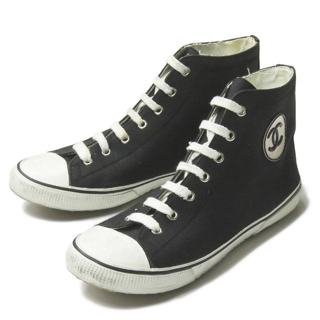 シャネル CHANEL ココマーク キャンバスハイカットスニーカー 001852 39 ブラック ロゴ スニーカー シューズ | 
