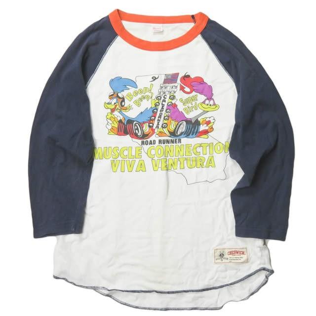 チェスウィック CHESWICK カナダ製 プリントラグランクルーネックTシャツ M ホワイト/ネイビー 七分袖 トップス | 
