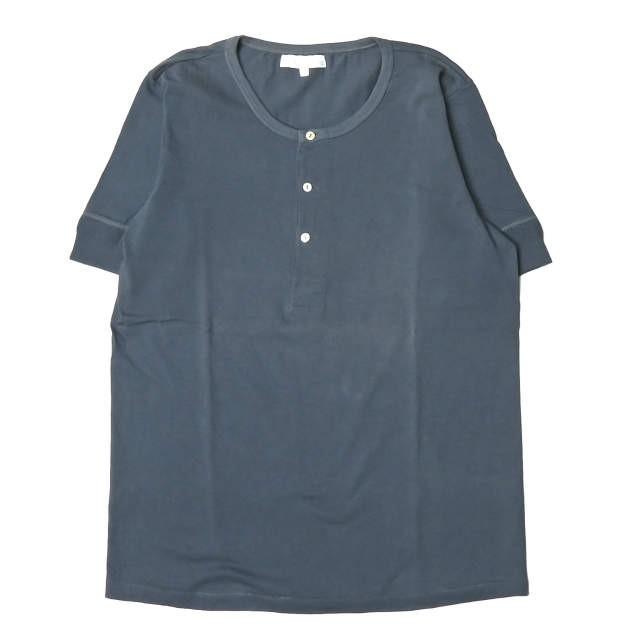 Merz b.Schwanen メルツベーシュヴァーネン 1/4 button facing 半袖ヘンリーネックTシャツ 7 ネイビー コットン トップス | 