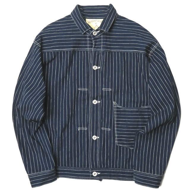 ヘラーズカフェ Heller's cafe 17AW 日本製 BEAMSオーダー会限定 インディゴストライプノンパレイルジャケット 38 インディゴ Gジャン デニム | 