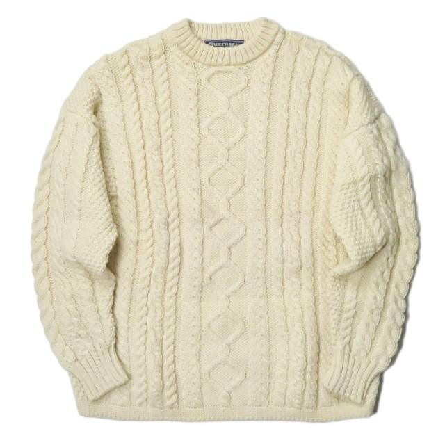 ガンジーウーレンズ GUERNSEY WOOLLENS イギリス製 アラン編み クルーネックニット L ベージュ セーター 長袖 トップス | 