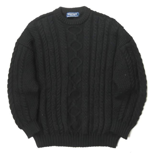 ガンジーウーレンズ GUERNSEY WOOLLENS 18AW イギリス製 Big Aran Crew ビッグアランクルーネックニット 44 ブラック セーター ケーブル フィッシャーマン | 