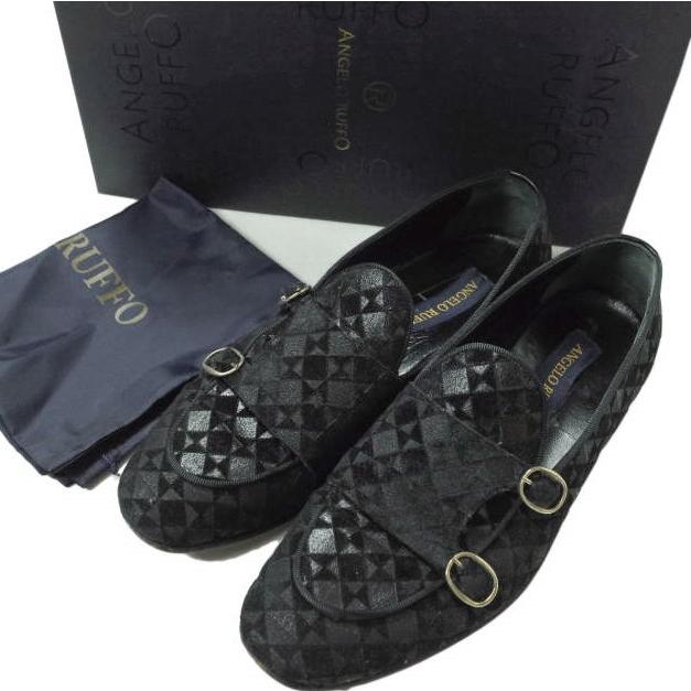 ANGELO RUFFO アンジェロルッフォ VAMP ? D/MONK 幾何学柄 ダブルモンクストラップシューズ 41(26cm) Black Velvet スリッポン mc68412 | 