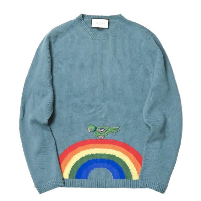 GUCCI グッチ イタリア製 レインボーバードクルーネックニット 410405-Z581A S ブルー セーター 長袖 刺繍 鳥 虹 トップス | 