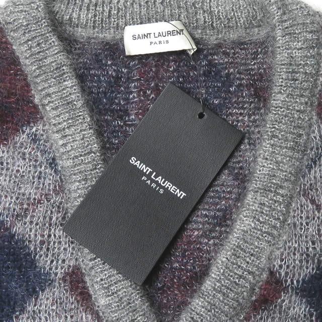 サンローランパリ SAINT LAURENT PARIS イタリア製 モヘアウールアーガイルニットベスト UP53 2014 00127 M グレー Vネック プルオーバー ノースリーブ |  | 03