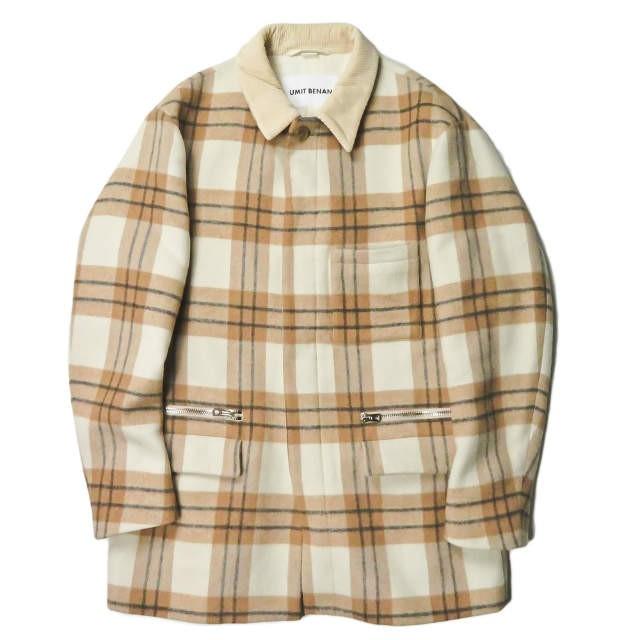 ウミットベナン UMIT BENAN イタリア製 ウールチェックショートステンカラーコート 46 ベージュ ハーフコート ブルゾン アウター | 
