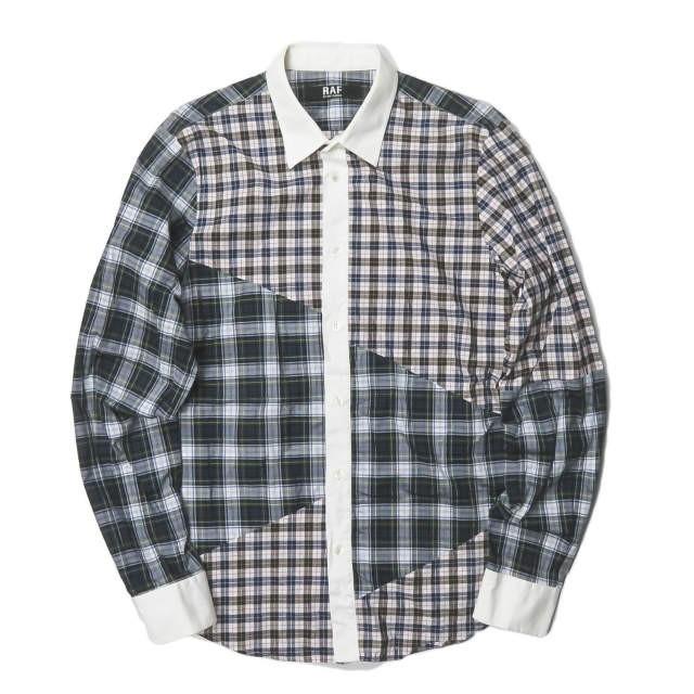 ラフバイラフシモンズ RAF BY RAF SIMONS クレイジーパターンチェッククレリックシャツ PO19 8090 S ネイビー/ダークグリーン等 長袖 切替 トップス | 