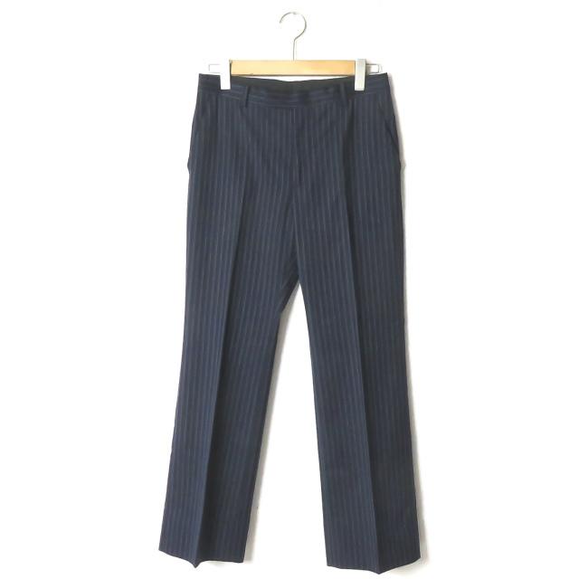 ヴェロニクブランキーノ VERONIQUE BRANQUINHO ベルギー製 ウールギャバストライプ フレアワイドパンツ 46 ネイビー ボトムス | 