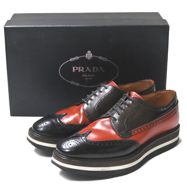 プラダ PRADA バイカラーウイングチップレザーシューズ 2EG015 6(26.5cm) ブラック/オレンジ ツートーン ラバーソール シューズ | 