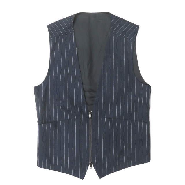 【中古】ウミットベナン UMIT BENAN イタリア製 ウールチョークストライプジップベスト UB9-505 44 ネイビー ジレ ダブルポケット トップス | 