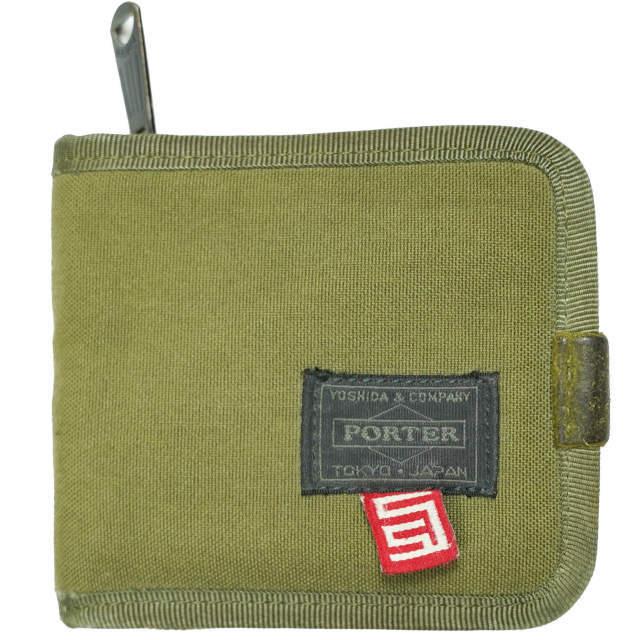 B JIRUSHI YOSHIDA x PORTER x S/DOUBLE B印 ヨシダ ポーター 別注 DAISY CUTTER ラウンドジップウォレット オリーブ 二つ折り財布 s17950 | 