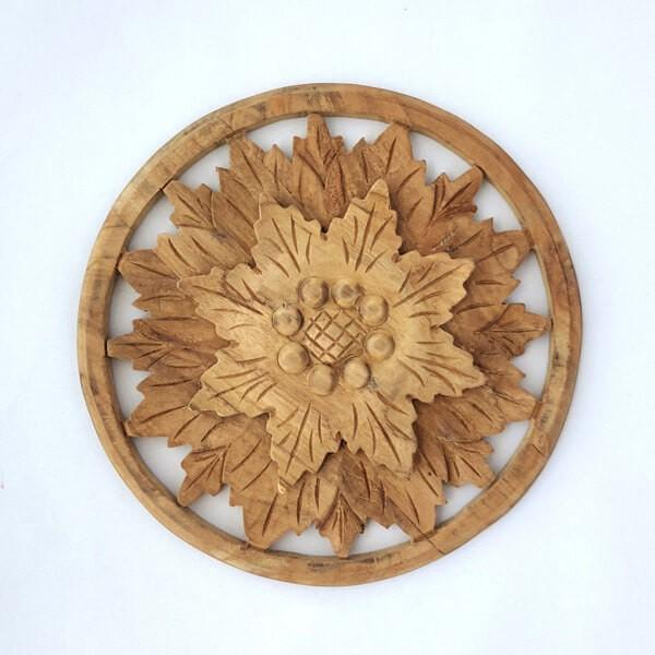 ウッドカービング 壁面 インテリア 壁飾り レリーフ 建材 木製 チーク 天然木 無垢材 アジアン雑貨 浮き彫り おしゃれ ナチュラル 花模様 丸型 | 