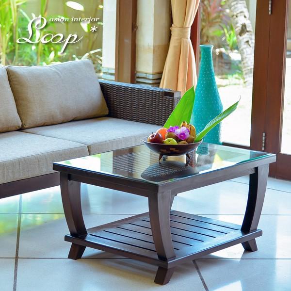 曲線デザインの木製ガラスセンターテーブル バリ島からの輸入骨董です