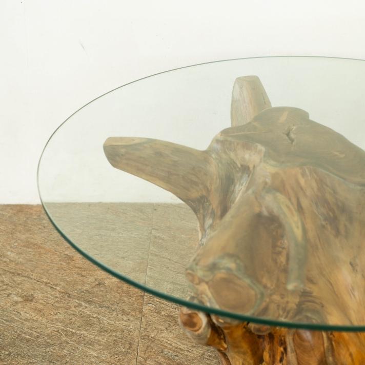 チーク無垢材 原木ローテーブル 切り株テーブル 無垢 木の根 ガラス天