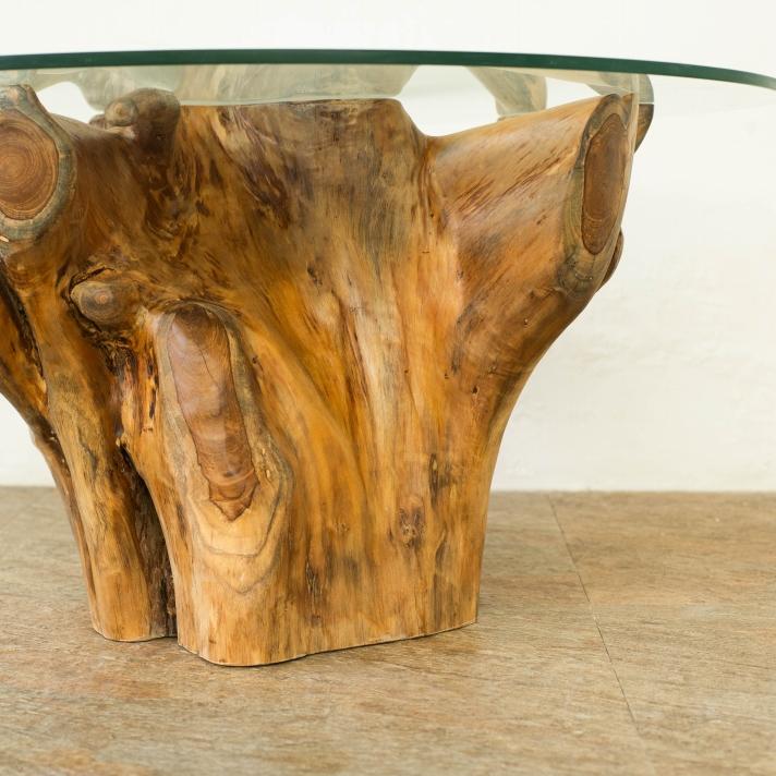 チーク無垢材 原木ローテーブル 切り株テーブル 無垢 木の根 ガラス天