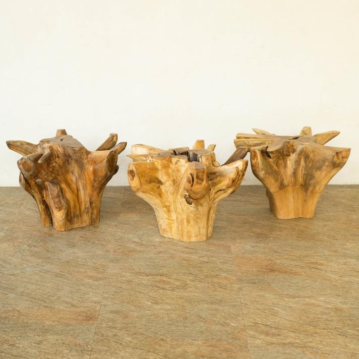 チーク無垢材 原木ローテーブル 切り株テーブル 無垢 木の根 ガラス天