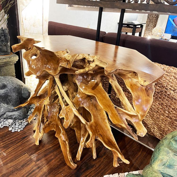 チーク無垢材 コンソールテーブル 原木テーブル 切り株 無垢 木の根