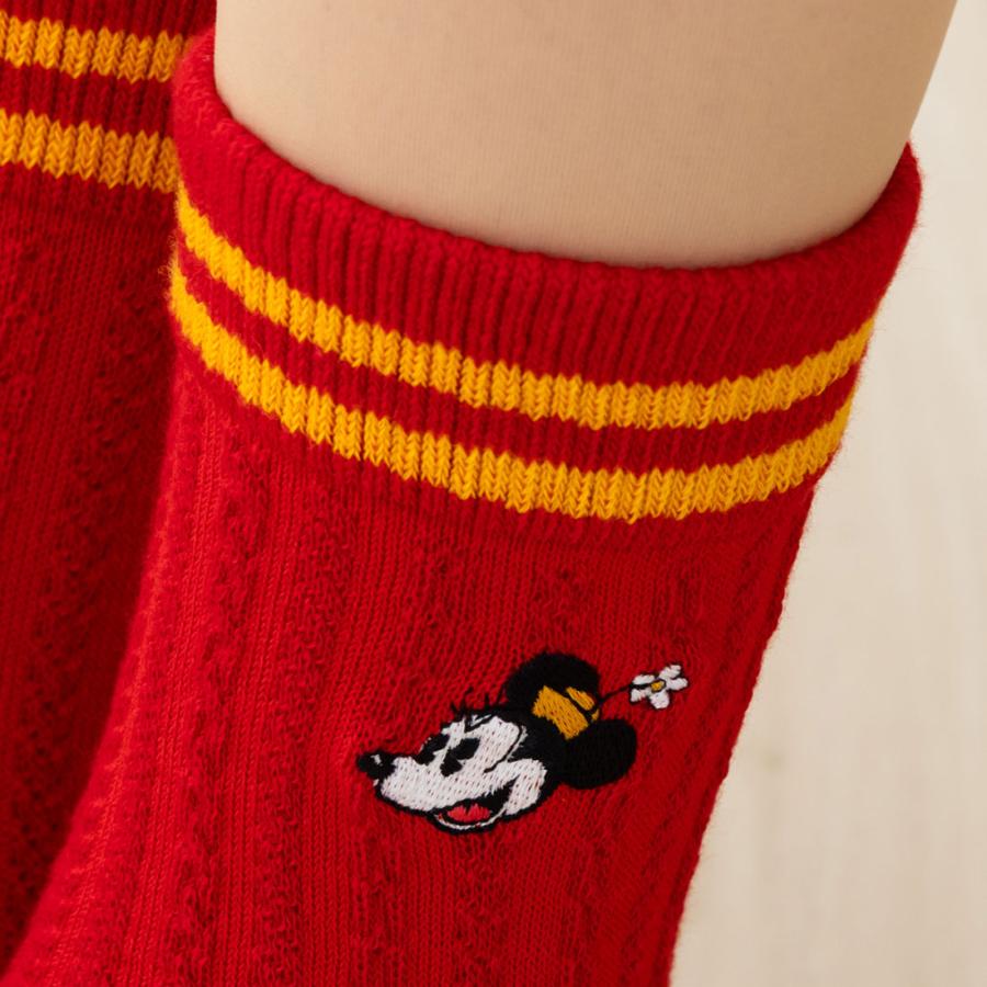 Fukuske（フクスケ） ミニー刺繍 ニット風 ラインクルー丈ソックス 赤