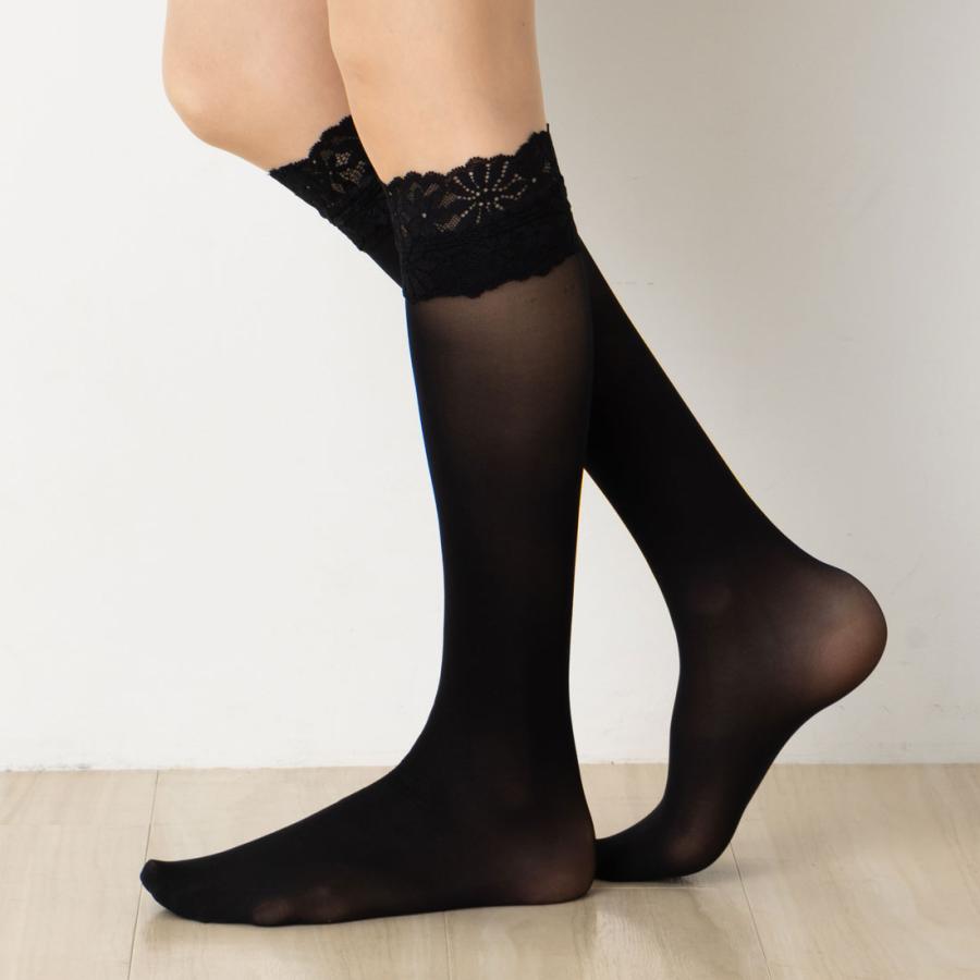 Point Me レース付き シアーハイソックス ナイロン素材 ブラック 黒 22