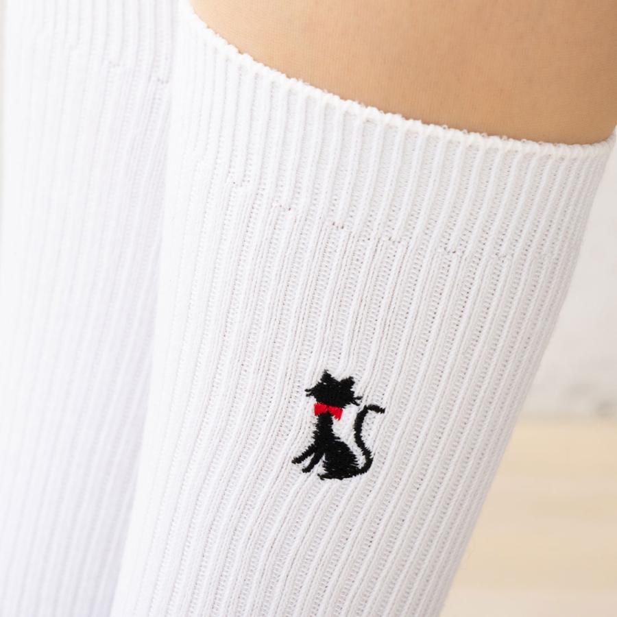 スクールソックス ネコ ワンポイント刺繍 28cm丈 ホワイト 白 ネイビー