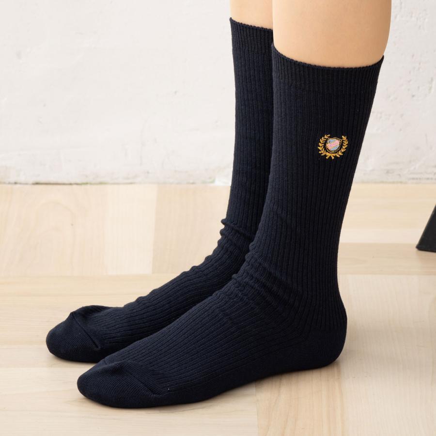 スクールソックス エンブレム ワンポイント刺繍 28cm丈 ネイビー