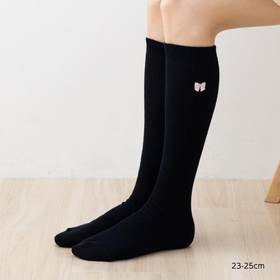 即日発送LIS CALLA｜“My Diary”花柄リボンソックス（ブラック） 靴下屋 キッズ フロート リボン柄 ハイソックス 19〜21cm タビオ 通学