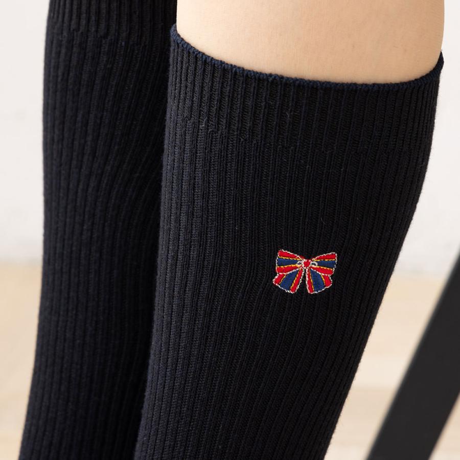 スクールソックス リボン ワンポイント刺繍 32cm丈 ホワイト 白