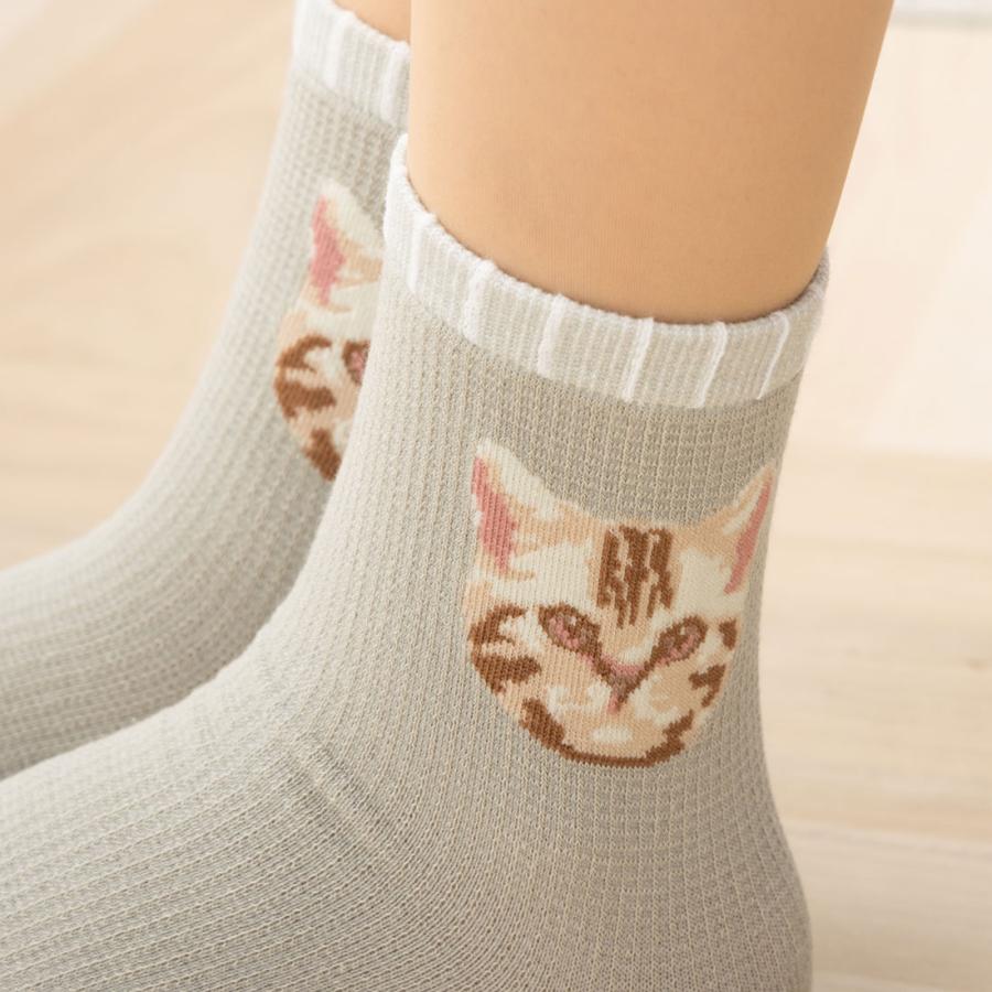 助野 にゃんこ堂 リアル猫柄 クルーソックス 23-25cm(クロ・グリーン